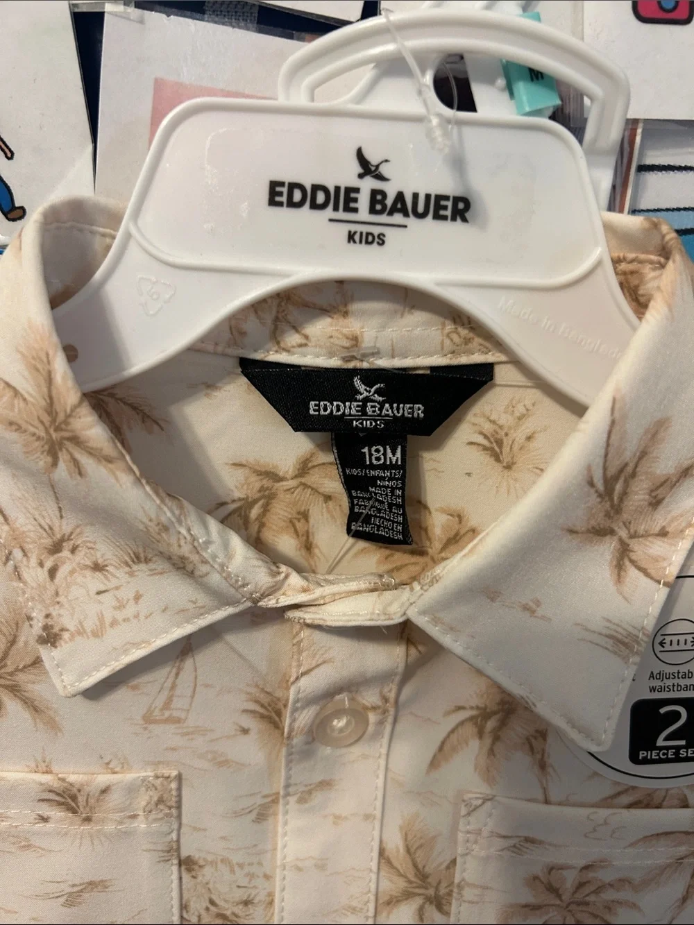 Eddie Bauer Cream Short-Sleeve Palm & Sailboat Button-Down Shirt